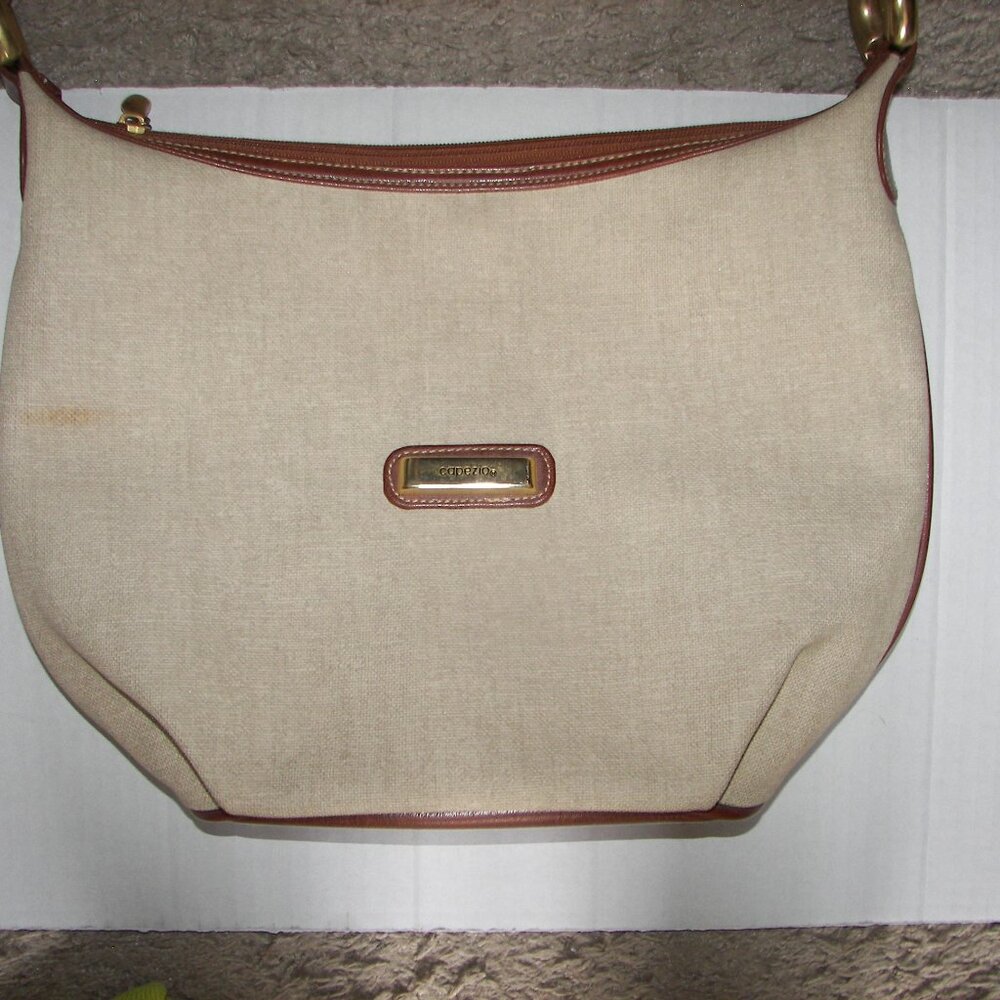 Capezio women's crossbody beige woven handbag faux leather trim adjustable strap